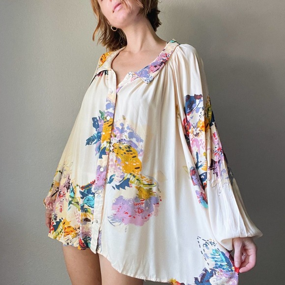 Free People Tops - Free People Cream Floral Printed Flowy Balloon Sleeve Long Sleeve Tunic